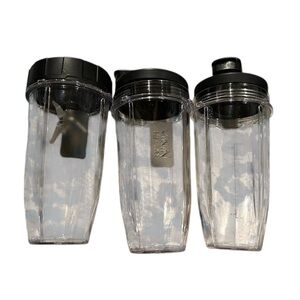 3 24 oz Transparent Blender Cups with Black Lids (2) & Blade (1)